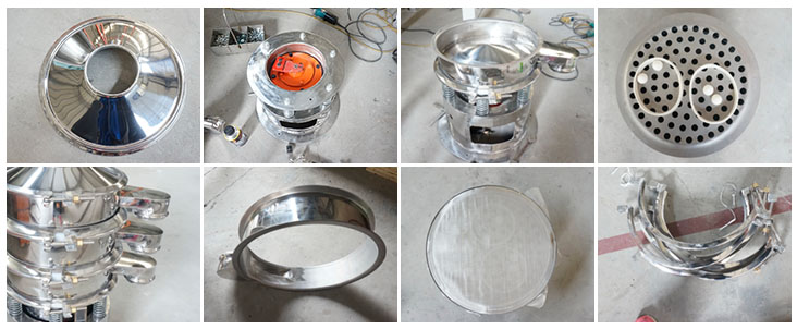 不銹鋼振動篩結構展示：防塵蓋，出料口，閘門，篩網于彈跳球，底座，振動彈簧等。