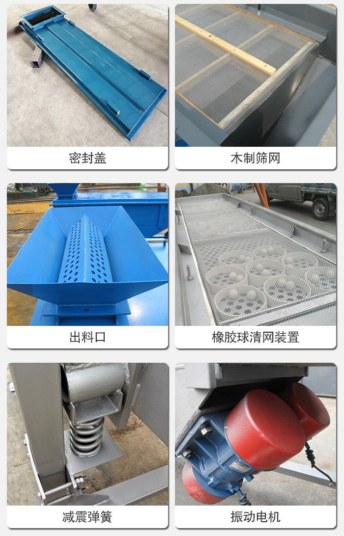直線篩分機(jī)的結(jié)構(gòu)展示圖：篩箱是物料主要篩分設(shè)備之一，篩網(wǎng)用于篩分物料，振動(dòng)電機(jī)幫助篩網(wǎng)篩分。