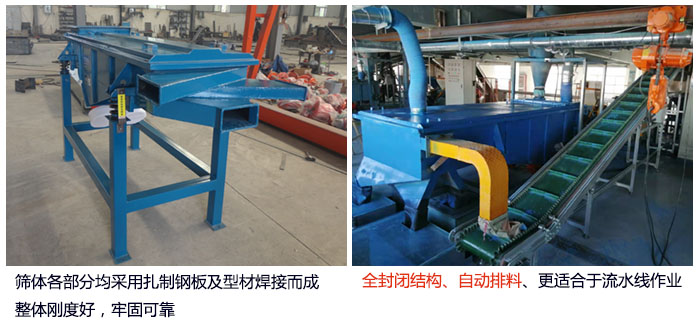 直線篩分機(jī)篩體各部分均采用扎制鋼板及型材焊接而成整體剛度好，牢固可靠；全封閉結(jié)構(gòu)、自動(dòng)排料、更適合于流水線作業(yè)。